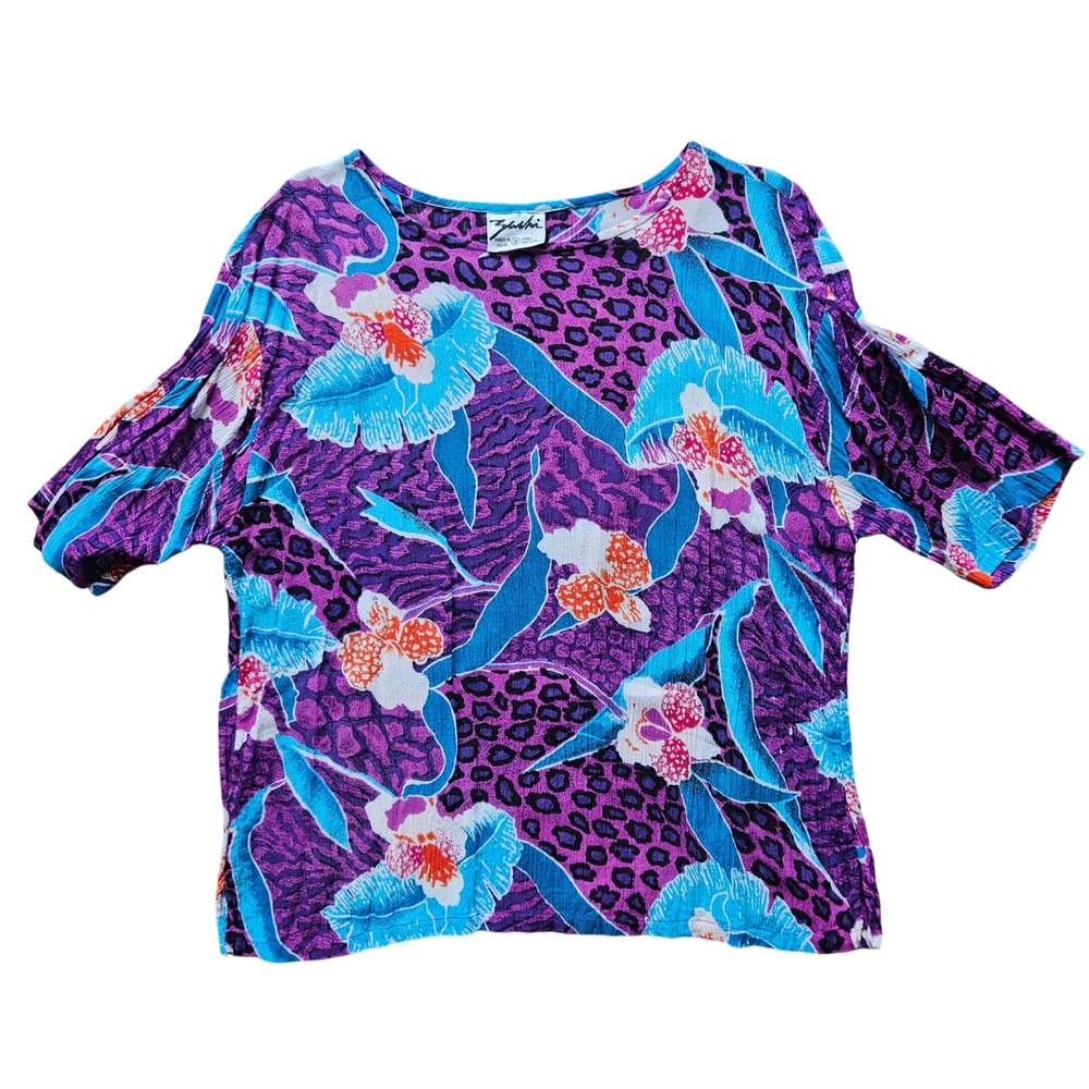 Vintage 80s Zachi Rayon Floral Leopard Floral Boxy Blouse Top Purple Blue Small